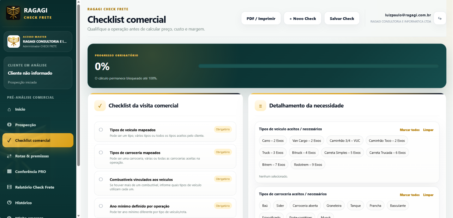 Tela real do Checklist comercial do Check Frete, sem cliente informado